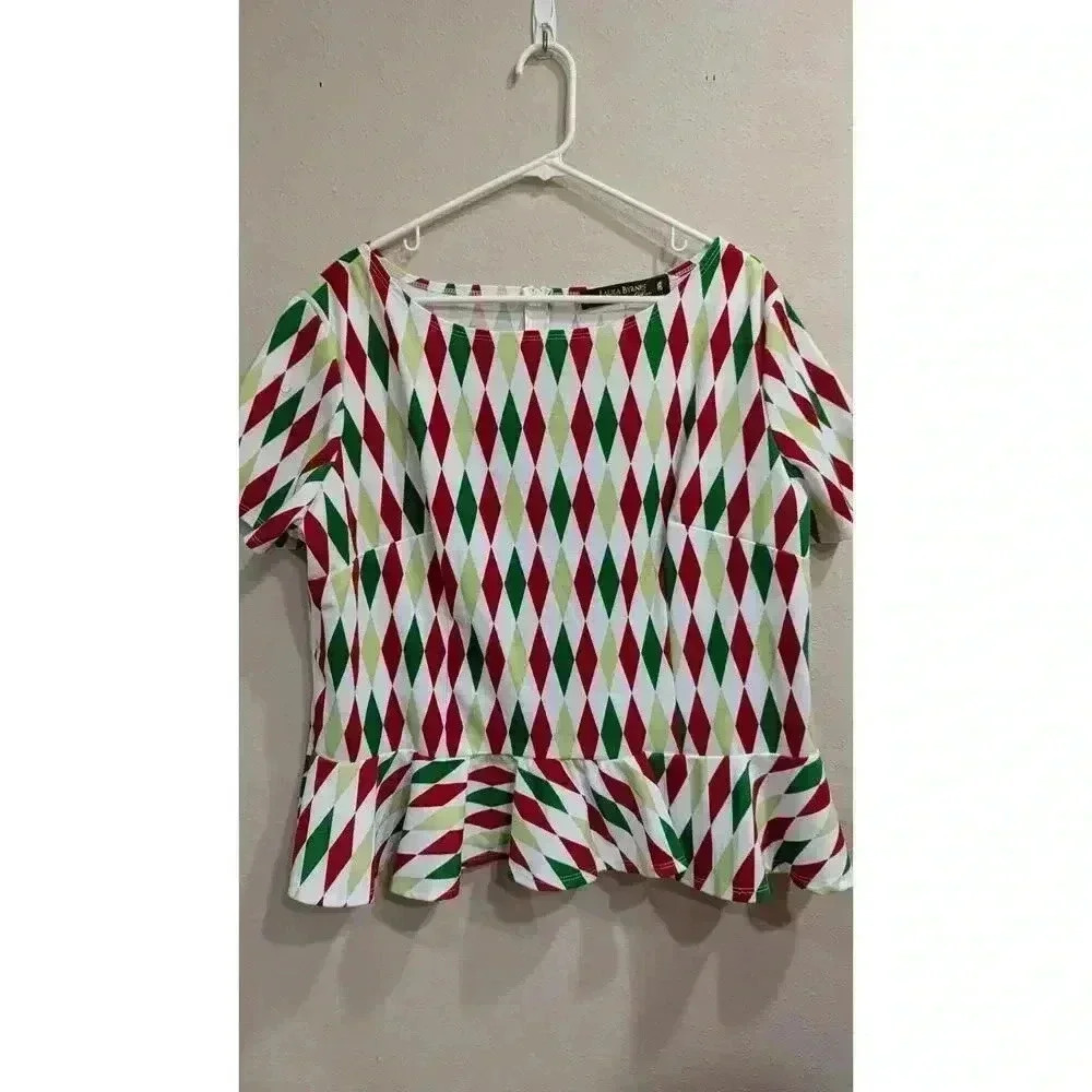 Women's Christmas harlequin print peplum shirt, Laura Byrnes California 4X
